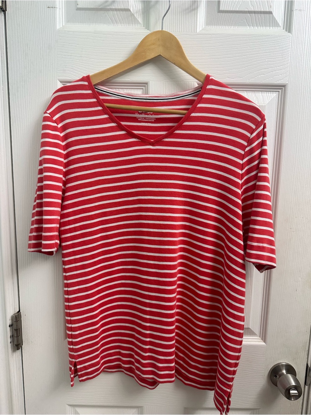 Chico’s Red and White Striped V-Neck Tee